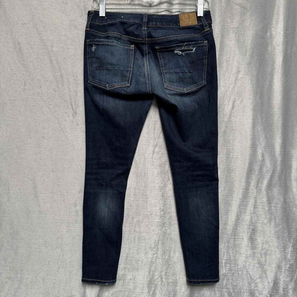 American Eagle Jeans Womens 4 X Short Dark Wash Super Stretch X Distressed‎